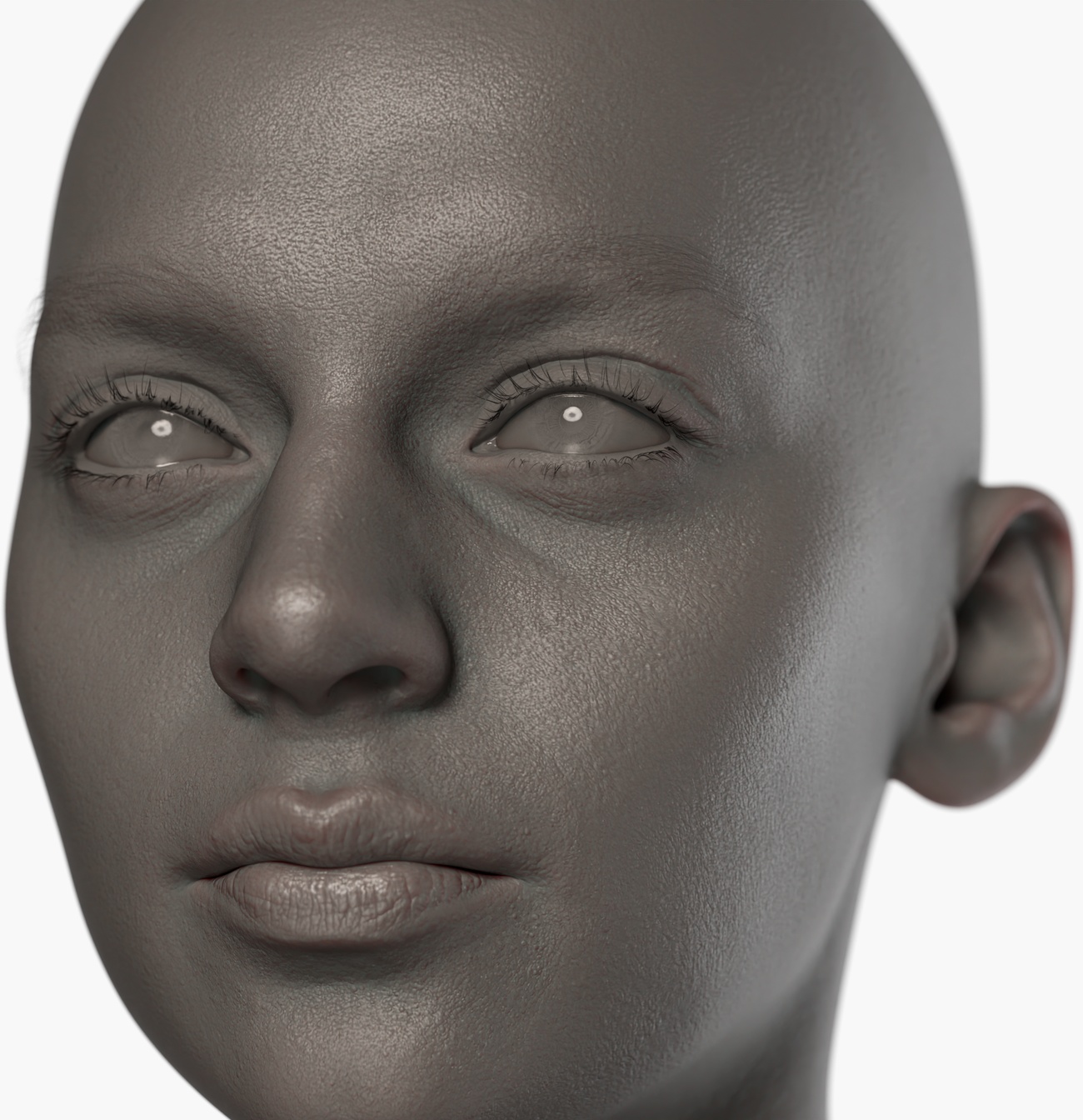 Clay render of a female head 3D scan showing detailed skin pore and surface texture captured via photogrammetry